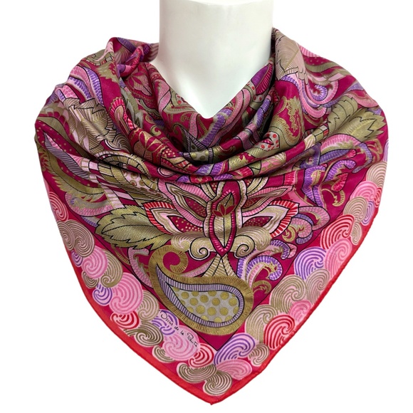Vintage Oscar de la Renta 100% Silk Scarf – Paisley Metallic Print – 30" Square - Picture 1 of 8